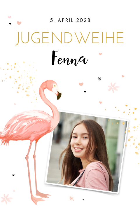 Einladung zur Jugendweihe mit Foto und Flamingo